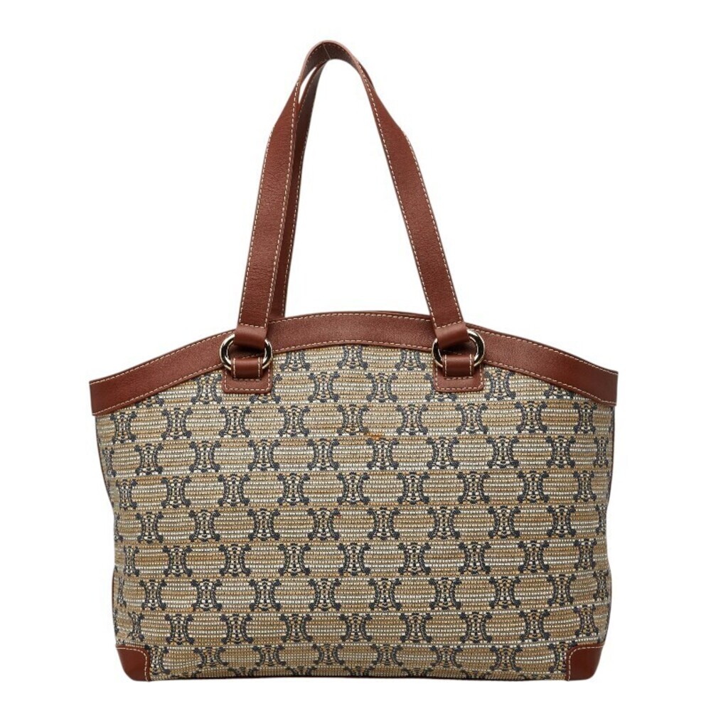 Celine Macadam Tote Bag Shoulder Beige Cream Brown Leather Canvas